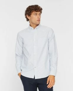 Cheap 🧨 Club Monaco Men Long Sleeve Striped Oxford 👚 Shirt Grey Blue 🛒