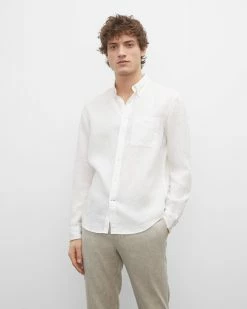 Deals 🎁 Club Monaco Men Slim Solid Linen 👚 Shirt White 🎁