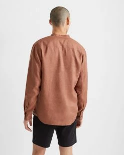 Deals 🌟 Club Monaco Men Band Collar Linen 👚 Shirt Mauve 🧨 -Club Monaco Online Shop cm 1365893 alternate2