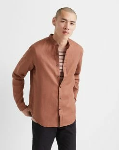 Deals 🌟 Club Monaco Men Band Collar Linen 👚 Shirt Mauve 🧨