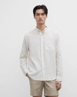 Best Pirce 🧨 Club Monaco Men Slim Striped Linen 👕 Shirt Bone / Khaki 🎁