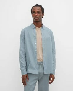 Outlet 😉 Club Monaco Men Long Sleeve Tea Dyed Poplin 👚 Shirt Navy 🧨