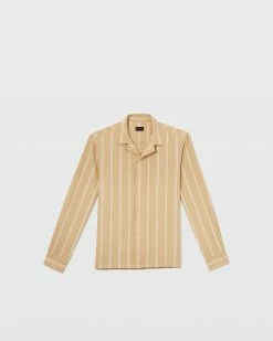 Best Sale 🔔 Club Monaco Men Camp Collar Striped Linen Blend 👚 Shirt Tan Multi ✔️ -Club Monaco Online Shop cm 1415050 alternate3
