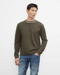 New 🔔 Club Monaco Men Piqué Crewneck Sweatshirt Black Olive 👏