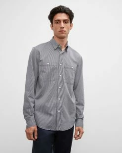 Best deal 🥰 Club Monaco Men Striped Knit Utility 👕 Shirt Blue Multi 🌟