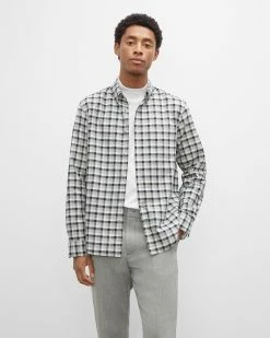 Best deal 🥰 Club Monaco Men Long Sleeve Plaid Oxford 👚 Shirt Grey Plaid 👏