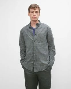 Hot Sale ⭐ Club Monaco Men Long Sleeve Houndstooth Flannel 👚 Shirt Black Multi ⌛