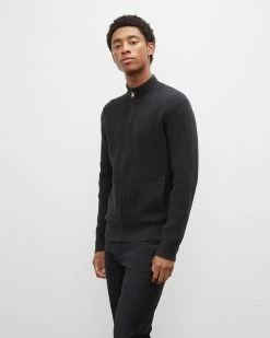 Best deal 🎉 Club Monaco Men Ribbed Full Zip Jacket Black 👍 -Club Monaco Online Shop cm 1431463 alternate2