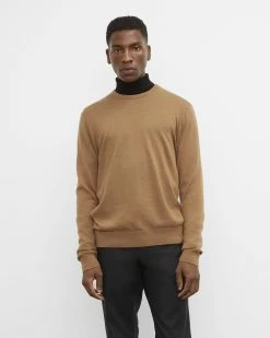 New 🥰 Club Monaco Men Merino Wool Crewneck Sweater Dark Camel ⌛