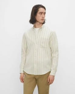 Discount 🔔 Club Monaco Men Long Sleeve Waffle Striped 👕 Shirt Alfalfa 🎉