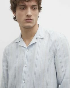 New 🌟 Club Monaco Men Camp Collar Striped Linen 👚 Shirt Light Blue ✔️ -Club Monaco Online Shop cm 1444688 alternate2