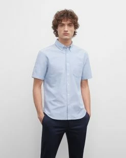 Outlet ⭐ Club Monaco Men Slim Short-Sleeve Oxford 👚 Shirt Blue ⌛