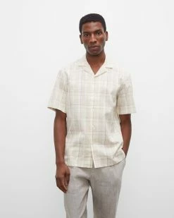 Budget 👏 Club Monaco Men Short Sleeve Plaid Linen 👕 Shirt Tan Multi 😀 -Club Monaco Online Shop cm 1451727 alternate3