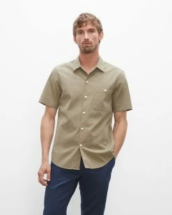 Outlet 🎁 Club Monaco Men Short Sleeve Seersucker 👚 Shirt Olive 🎉