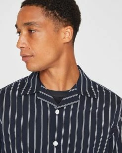 Top 10 💯 Club Monaco Men Long Sleeve Camp Collar Stripe 👚 Shirt Navy/White Stripe ⭐ -Club Monaco Online Shop cm 1462458 alternate2