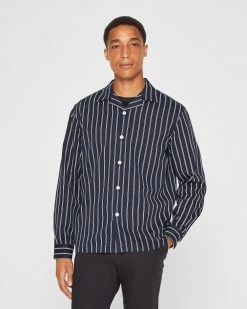 Top 10 💯 Club Monaco Men Long Sleeve Camp Collar Stripe 👚 Shirt Navy/White Stripe ⭐ -Club Monaco Online Shop cm 1462458 alternate3