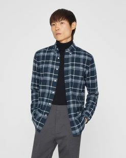 Cheapest ✨ Club Monaco Men Long Sleeve Open Plaid Flannel 👚 Shirt Navy 😉