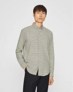 Cheapest 😍 Club Monaco Men Long Sleeve Houndstooth Flannel 👚 Shirt Olive Multi 🎁