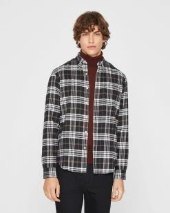 Outlet 😀 Club Monaco Men Long Sleeve Plaid Flannel 👕 Shirt Black Multi 🛒
