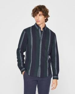 Top 10 🤩 Club Monaco Men Stripe Doubleface Long Sleeve 👕 Shirt Navy 🧨