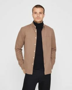 Flash Sale 🔔 Club Monaco Men Check Doubleface Long Sleeve 👕 Shirt Fossil Beige 👏