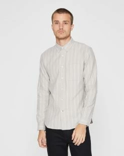 Best Sale 🔔 Club Monaco Men Long Sleeve Stripe Flannel 👕 Shirt Grey Stripe ✨