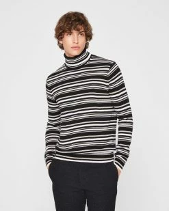 Deals ⌛ Club Monaco Men Stripe Merino Wool Turtleneck Black Multi 👍