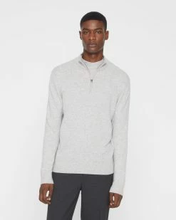 Outlet 🛒 Club Monaco Men Core Cashmere Quarter Zip Sweater Light Heather Grey 💯