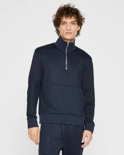 Cheap 😀 Club Monaco Men Tech Terry Mock Quarter-Zip 👕 Shirt Navy Blue ❤️