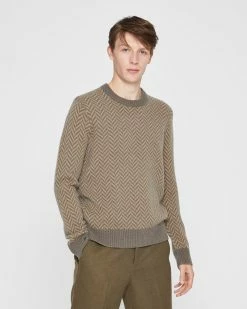 Hot Sale 🎁 Club Monaco Men Cozy Herringbone Crewneck Sweater Dark Brown 😉