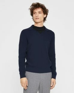 Discount 🔥 Club Monaco Men Ribbed Johnny Collar Sweater Navy 🤩