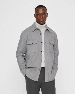 Best Sale 🤩 Club Monaco Men Long Sleeve Cozy Overshirt Heather Grey 🔔