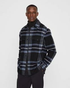 New 🔥 Club Monaco Men Long Sleeve Cozy Plaid Overshirt Black Multi 🧨